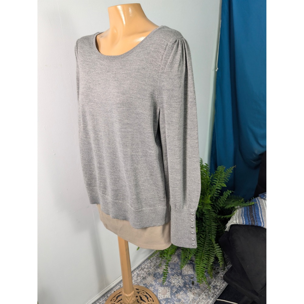 Talbots‎ Sweater Womens Large Gray Merino Wool Blend Metallic Puff Sleeve Button
